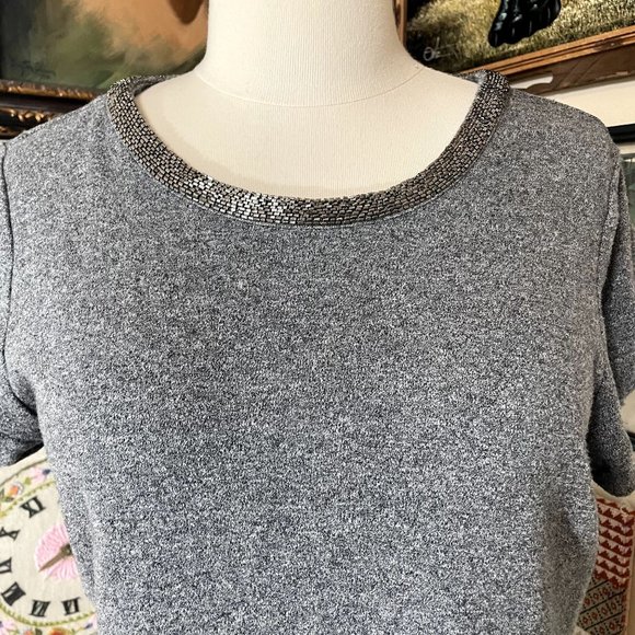 Ann Taylor Loft Gray Cotton Knit Short Sleeve Stretch Mini Dress with Beading XL - Picture 2 of 7
